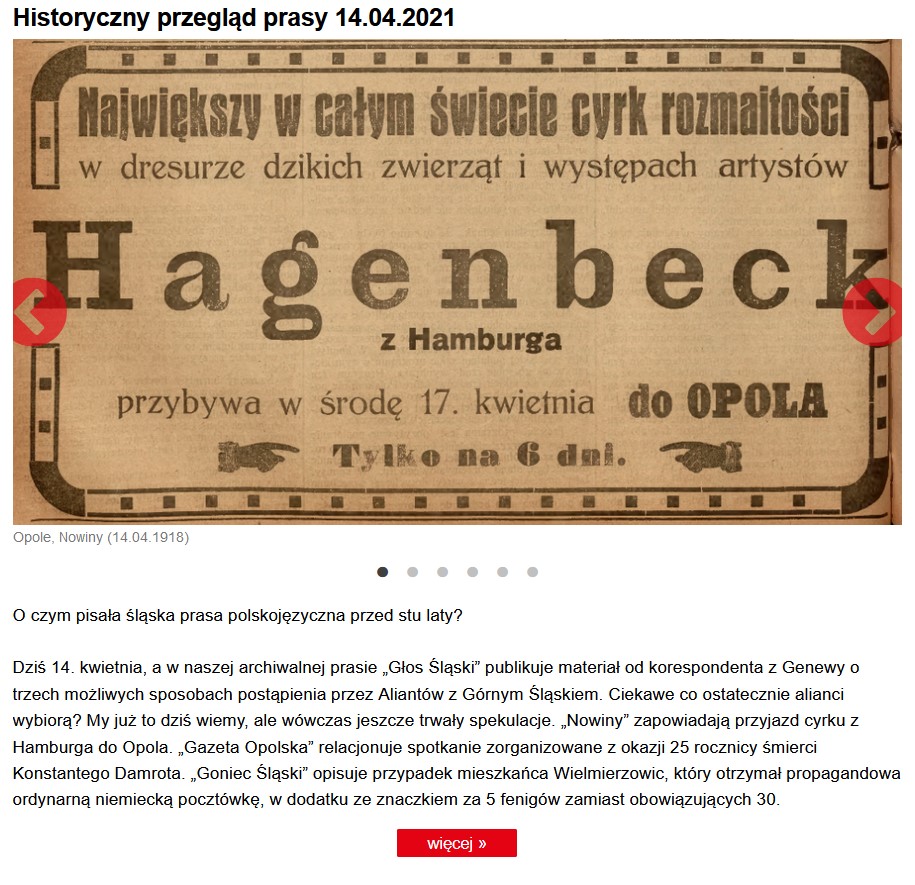 Historyczny Przegląd Prasy w Radio Opole - fragment strony prezentujący wydarzenia z 14 kwietnia