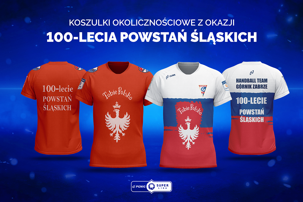 Okolicznościowe koszulki Gwardii Opole i Górnika Zabrze, ze sztandarem powstańczym