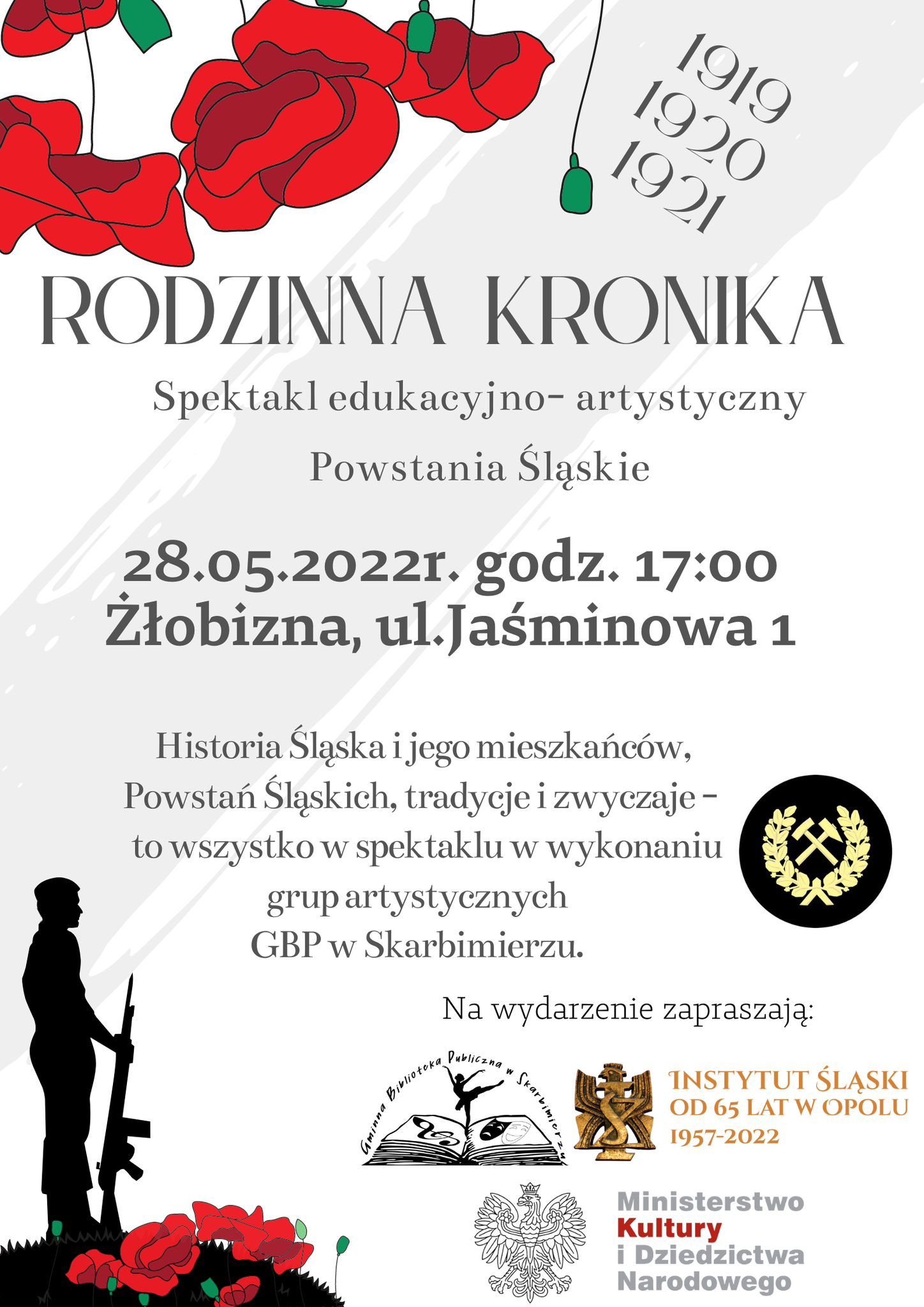 Plakat promujący spektakl 28 maja 2022 r. w Bibliotece w Skarbimierzu